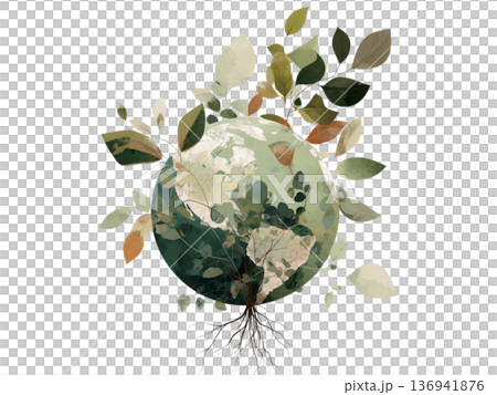 葉と根が広がる地球のイラスト サステナブルな未来を象徴するエココンセプト 136941876