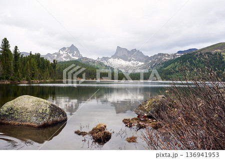 Mountain lake with reflections of peaks and forest. Nature landscape Mountain lake with reflections of peaks and forest. Nature landscape 136941953
