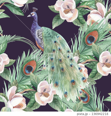 Seamless pattern of the peacock, peacock's feathers and the magnolia on a violet background. Handmade watercolor illustration. For cards, cover, wallpaper, prints, product labels and fabric. Seamless pattern of the peacock, peacock's feathers and the magnolia on a violet background. Handmade watercolor illustration. For cards, cover, wallpaper, prints, product labels and fabric. 136942218