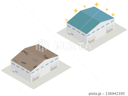 アイソメトリックな工場や倉庫の建物の屋根の修繕のビフォーアフター素材 136942395