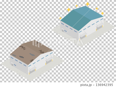 アイソメトリックな工場や倉庫の建物の屋根の修繕のビフォーアフター素材 136942395