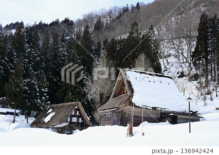 雪に覆われた相倉合掌造り集落の家屋 136942424