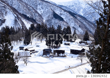 展望台から見た雪に覆われた相倉合掌造り集落 136942432