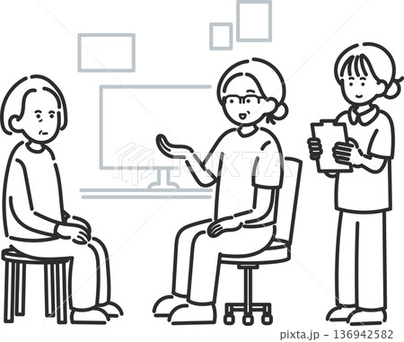 診察をするイラスト　医師、看護師、患者の女性3人　線画のみ 136942582