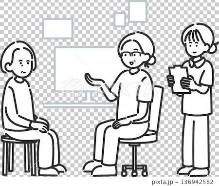 診察をするイラスト　医師、看護師、患者の女性3人　線画のみ 136942582
