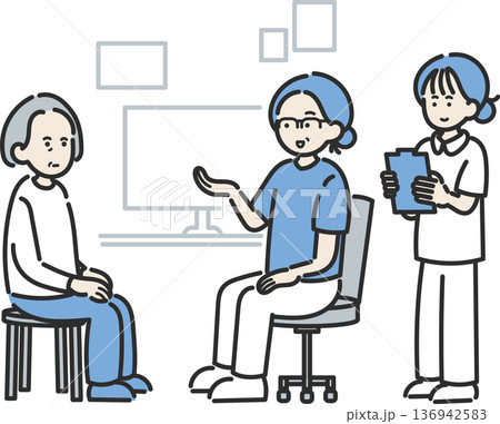 診察をするイラスト 医師、看護師、患者の女性3人 診察をするイラスト 医師、看護師、患者の女性3人 136942583