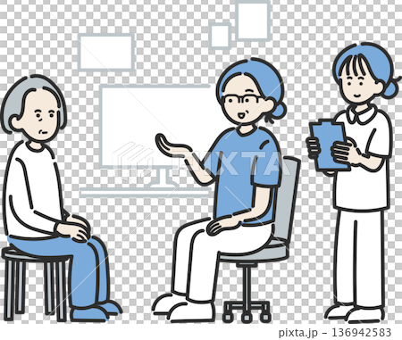 Illustration of a medical examination: Doctor, nurse, and three female patients 136942583