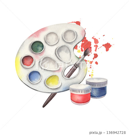 Paint palette, brush, splashes, jars with red and blue paint. Hand-painted watercolor illustration isolated on white for art branding, creative studios, workshops, packaging, posters, design projects Paint palette, brush, splashes, jars with red and blue paint. Hand-painted watercolor illustration isolated on white for art branding, creative studios, workshops, packaging, posters, design projects 136942728