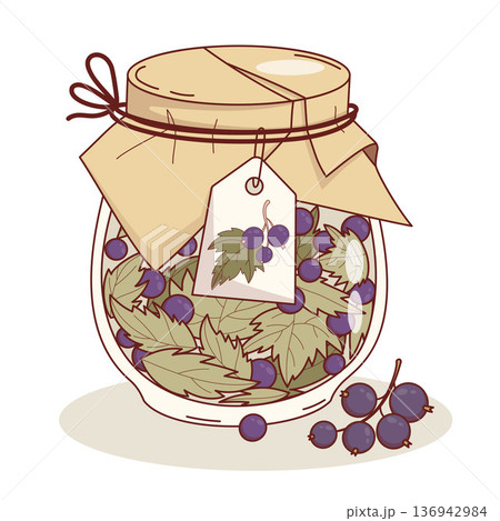 Dried Black Currant Berries and Leaves. Homemade Herbal Tea Mix in in Rustic Glass Jar with Craft Paper Lid and Label tag. Vector Illustration Dried Black Currant Berries and Leaves. Homemade Herbal Tea Mix in in Rustic Glass Jar with Craft Paper Lid and Label tag. Vector Illustration 136942984