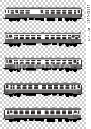 旧国鉄の気動車セット(キハユニ15・キハ11・キハ17・キハ18)モノクロ 136943155