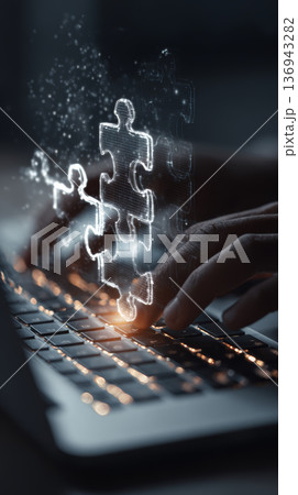 Technology puzzle innovation digital solution keyboard business strategy Futuristic digital puzzle solution over keyboard symbolizes innovation 136943282
