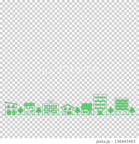 街並みのイラストのバナー背景 手描き風 正方形 緑 街並みのイラストのバナー背景 手描き風 正方形 緑 136943403