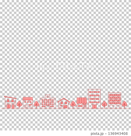 街並みのイラストのバナー背景 手描き風 正方形 赤 街並みのイラストのバナー背景 手描き風 正方形 赤 136943408