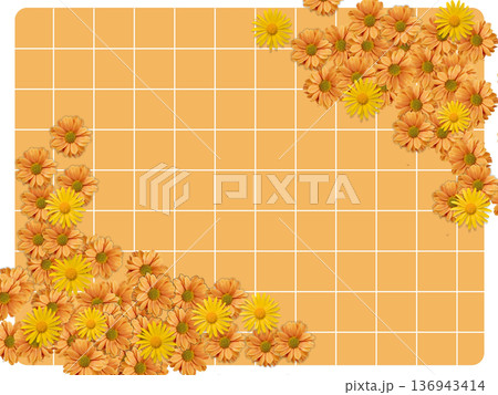 Orange Marigold Floral Frame on Grid Background 136943414