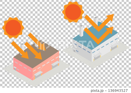 A comparative illustration of a factory with an isometric roof heat-resistant coating and a factory without heat-resistant coating 136943527