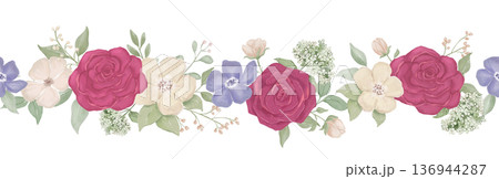 Watercolour floral border with purple and red flowers in provence style. Watercolor illustration for romantic spring banner Watercolour floral border with purple and red flowers in provence style. Watercolor illustration for romantic spring banner 136944287