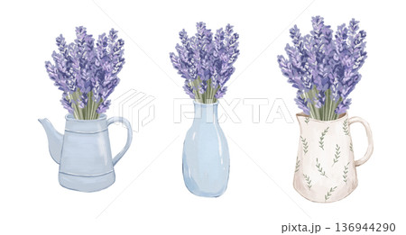 Watercolour lavender bouquet in glass bottle, rustic pot. Purple flowers bunch isolated on white background 136944290