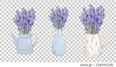 Watercolour lavender bouquet in glass bottle, rustic pot. Purple flowers bunch isolated on white background 136944290