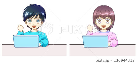 パソコン作業をする、またはオンライン授業を受ける男の子と女の子のアニメ風イラスト、白バック 136944318