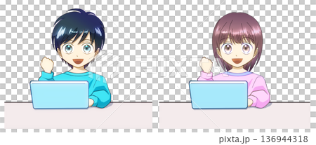Anime-style illustration of a boy and girl working on a computer or taking online classes, white background 136944318