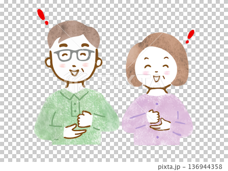 插圖描繪了一位老年男性和一位老年女性，他們的表情和姿勢彷彿在說「我搞定了！」（上半身） 136944358