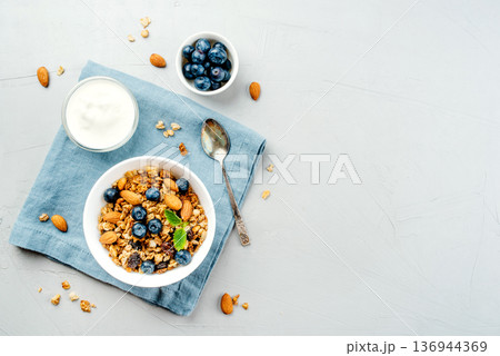 Baked granola with yogurt and blueberries. Baked granola with yogurt and blueberries. 136944369