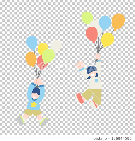 Flat illustration of two children flying with balloons Flat illustration of two children flying with balloons 136944596