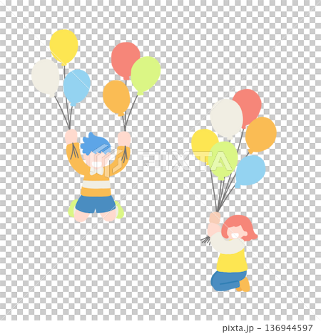 Flat illustration of two children flying with balloons 136944597