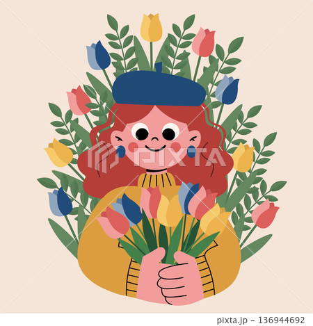 Joyful woman holding a beautiful bouquet of spring tulips, surrounded by blooming flowers in a charming vector illustration style Joyful woman holding a beautiful bouquet of spring tulips, surrounded by blooming flowers in a charming vector illustration style 136944692