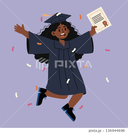 Proud black woman graduate in cap and gown holding her diploma, celebrating academic achievement and diversity. Vector illustration isolated Proud black woman graduate in cap and gown holding her diploma, celebrating academic achievement and diversity. Vector illustration isolated 136944696