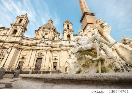 Fountain of the Four Rivers and Sant Agnese in Agone church in Rome Italy 136944761