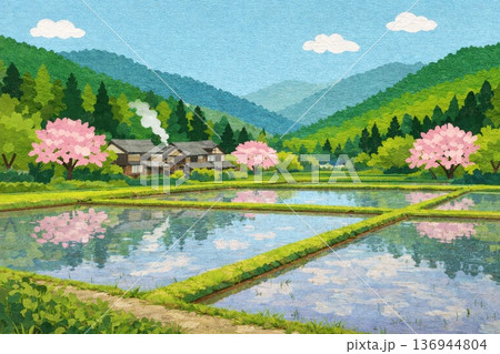 春の田んぼ 田園風景 里山風景 田植え前 4月 貼り絵風のイラスト素材