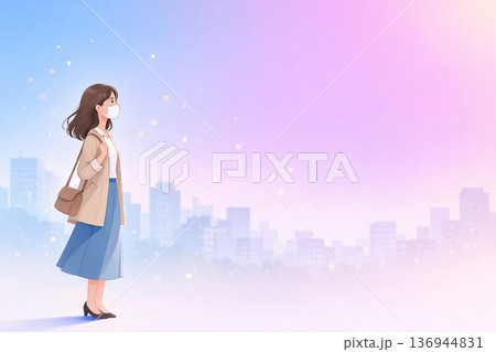 花粉症イメージ マスクを着用する女性 グラデーション背景 バナー素材 136944831