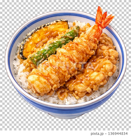 水彩風格日式天婦羅蝦碗插畫素材 136944834