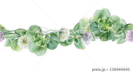 Seamless border of shamrocks and four leaves,lilac and white flowers.Watercolor ilustration,symbolizing luck and new beginnings,for wedding invitations,bridal party decor,romantic celebrations Seamless border of shamrocks and four leaves,lilac and white flowers.Watercolor ilustration,symbolizing luck and new beginnings,for wedding invitations,bridal party decor,romantic celebrations 136944840