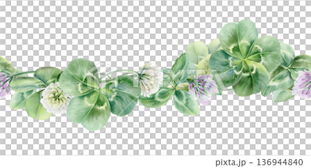 Seamless border of shamrocks and four leaves,lilac and white flowers.Watercolor ilustration,symbolizing luck and new beginnings,for wedding invitations,bridal party decor,romantic celebrations Seamless border of shamrocks and four leaves,lilac and white flowers.Watercolor ilustration,symbolizing luck and new beginnings,for wedding invitations,bridal party decor,romantic celebrations 136944840