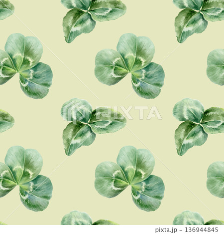 Shamrock clover in seamless pattern,Irelands national symbol embodying Christian faith,virtue,triad of hope,faith,love.Soft watercolor for religious themes,cultural projects,symbolic festive 136944845