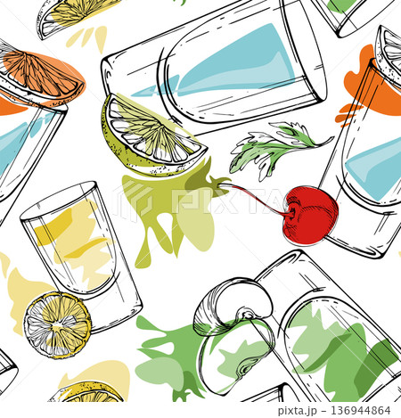 Appletini and absinthe, Lemon drop juice, electric Kamikaze, fruit garnish. Vector seamless pattern of multicolor shots. Hand drawn for wrapping paper, textiles, packaging and creative merchandise. Appletini and absinthe, Lemon drop juice, electric Kamikaze, fruit garnish. Vector seamless pattern of multicolor shots. Hand drawn for wrapping paper, textiles, packaging and creative merchandise. 136944864