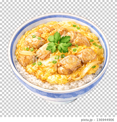 蓬鬆蛋親子丼水彩風格日式料理碗插畫素材 136944906