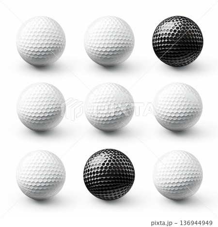Golf Balls Array on White Background Sport, Competition, and Precision Equipment Concept 136944949