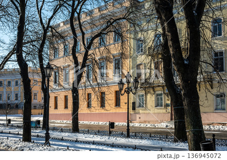 Snowy winter cityscape of UNESCO historic center of Odessa, Ukraine 136945072
