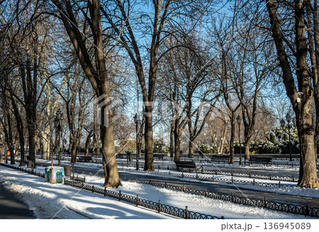 Snowy winter cityscape of UNESCO historic center of Odessa, Ukraine 136945089