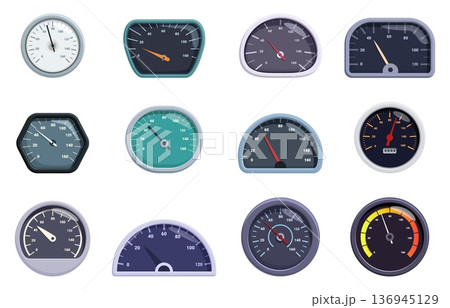 Cartoon speedometer. Car dashboard elements for speed measuring. Odometers, power and acceleration measurement, rpm indicators, sapid vector clipart 136945129