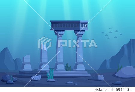 Underwater ruins. Ancient roman greek pillars and stone arch on ocean sea bottom. Sunken broken temple or palace, historical archeological place, sapid vector scene Underwater ruins. Ancient roman greek pillars and stone arch on ocean sea bottom. Sunken broken temple or palace, historical archeological place, sapid vector scene 136945136