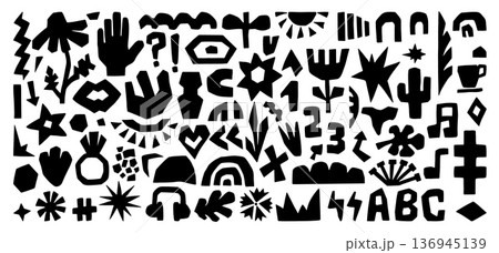 Cut out paper shapes. Giant hand drawn cutout collection with nature floral elements, heart, abc letters, coffee mug, abstract figures. Isolated neoteric vector design kit 136945139