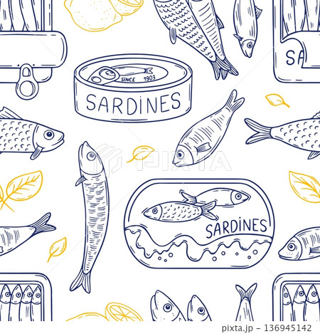 Sardines seamless pattern. Canned seafood, mackerel anchovies sardine fish hand drawn. Restaurant kitchen market textile print, neoteric vector background 136945142