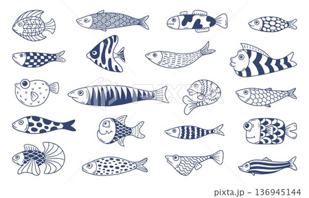 Doodle abstract fish. Different underwater fish, mackerel tuna salmon fugu pike. Hand drawn seafood, decorative art sea ocean characters neoteric vector set 136945144