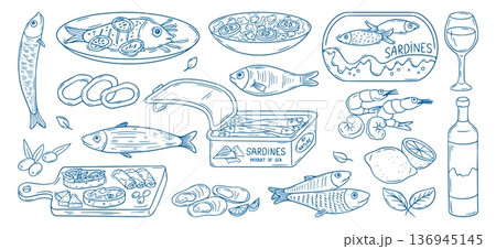 Doodle italian seafood. Shrimps, mussels, cheese and meat place, wine lemon, fresh salad. Beachcoast restaurant menu, delicious food, neoteric vector set Doodle italian seafood. Shrimps, mussels, cheese and meat place, wine lemon, fresh salad. Beachcoast restaurant menu, delicious food, neoteric vector set 136945145