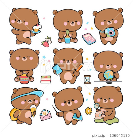 Kawaii bear. Cute funny bears various poses. Cartoon animal going to school, eating ice cream and cake, studying, explorer world. Children mascots nowaday vector clipart 136945150