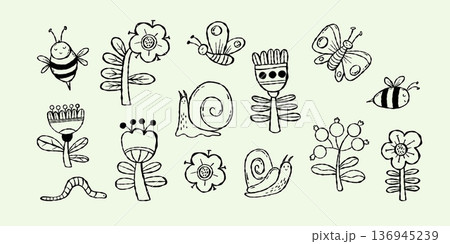 Outline Flowers, Garden and Insects Doodle. Botanical plants, bees, butterflies, snails, worms and berries collection. Isolated Textured hand drawing. Whimsical line art. Vector illustration. Not AI 136945239